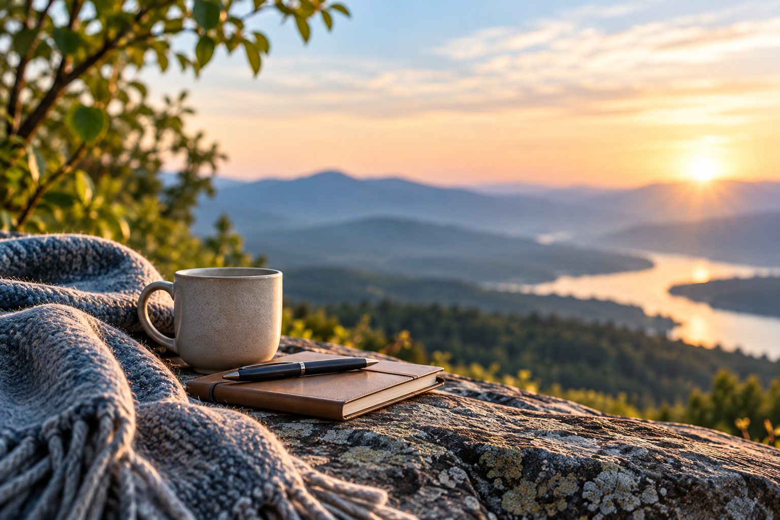 Journal, pen, warm drink, and blanket overlooking mountains at golden hour