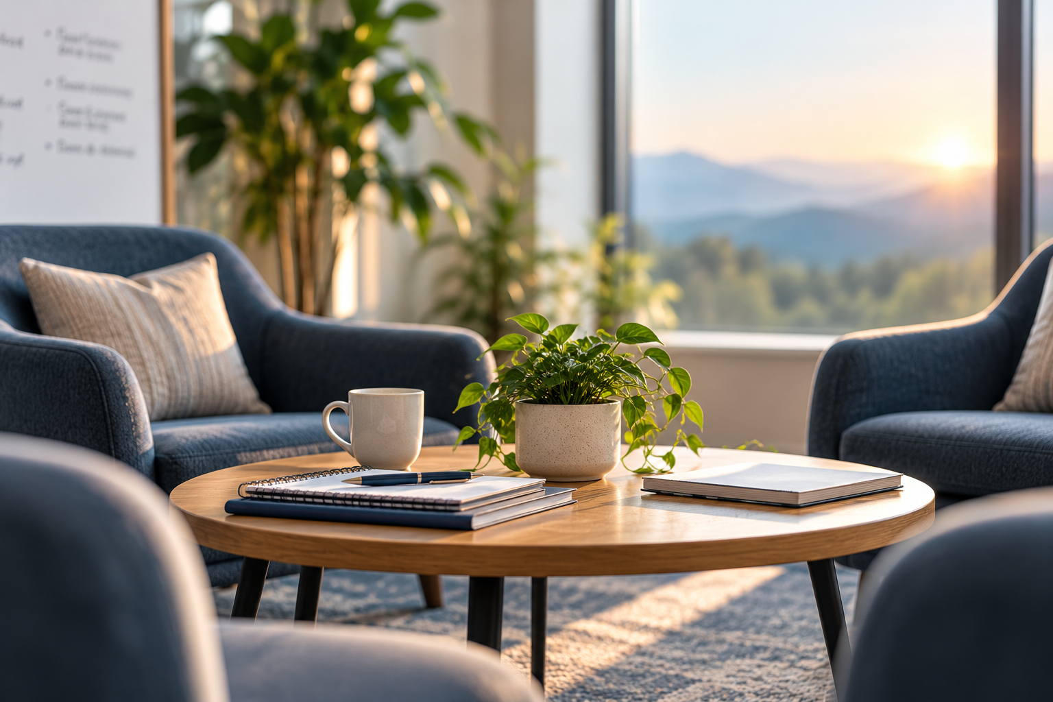 Comfortable blue chairs around a table with notebooks in a sunlit room