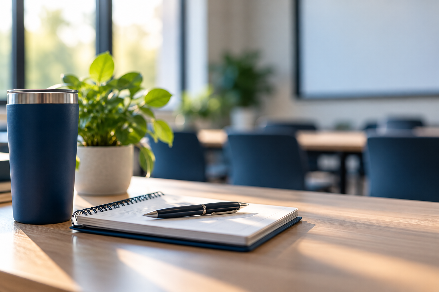 Notebook, pen, and navy tumbler on a sunlit training table